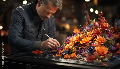 A man working indoors, holding a flower, smiling with creativity generated by AI