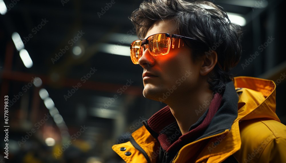 A confident young man in sunglasses, looking outdoors in the city generated by AI