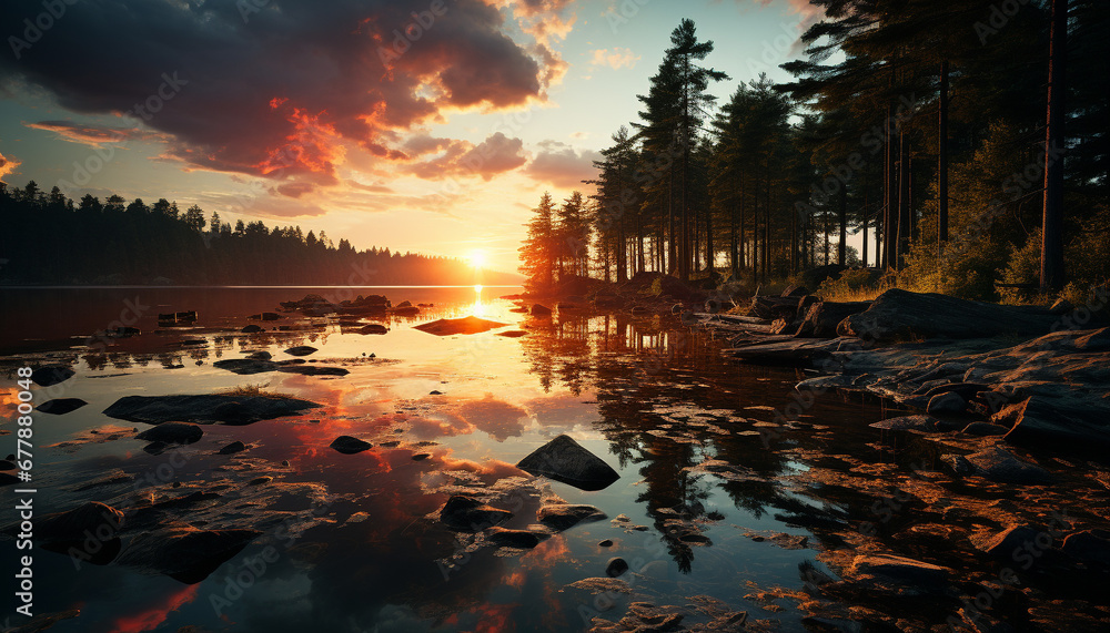 Sunset over water, reflecting the beauty of nature generated by AI