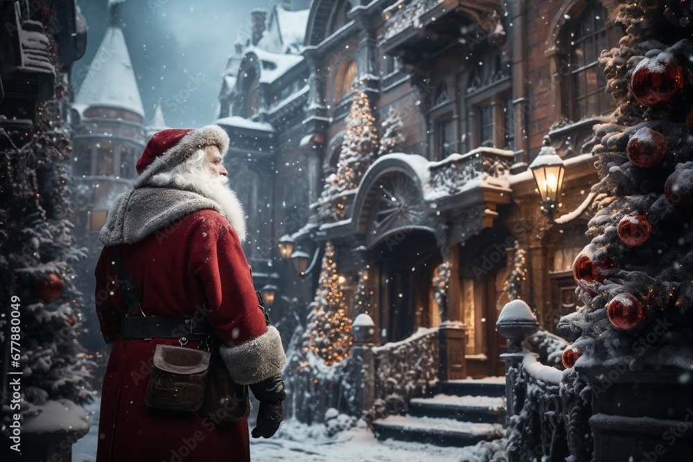 Santa is walking down a city street, winter, snow, holiday decorations Santa is walking down a city street, winter, snow, holiday decorations