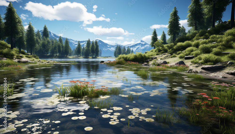 Majestic mountain peak reflects in tranquil pond generated by AI