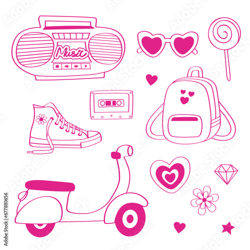 set of isolated outline pink girl stickers, record player, moped, backpack, sunglasses