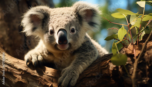 Cute koala sitting on eucalyptus tree branch generated by AI