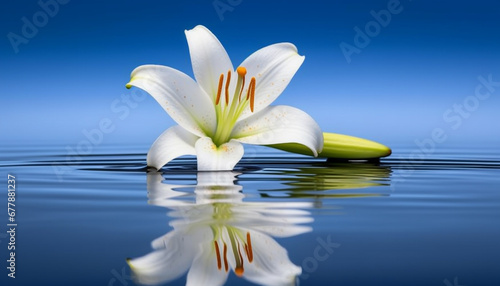 Tranquil scene of a single yellow flower in blue reflection generated by AI © Jeronimo Ramos