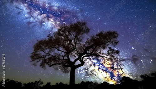 Milky Way illuminates starry winter forest, creating vibrant backdrop generated by AI