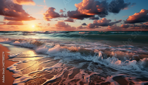 Sunset over the water, waves crash on sand generated by AI