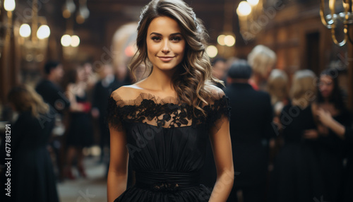 Smiling young woman in elegant dress, confident and beautiful generated by AI