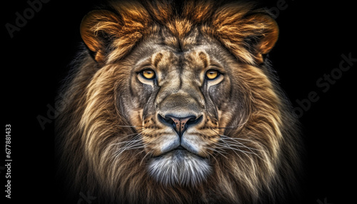 Majestic lion  endangered big cat  close up portrait  Africa hunter generated by AI