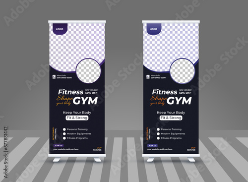 minimalist and sample gym roll up banner design, gym and fitness roll up banner design layout, commercials banners mockup, colorful marketing pull up advertisement retractable banner design in illust