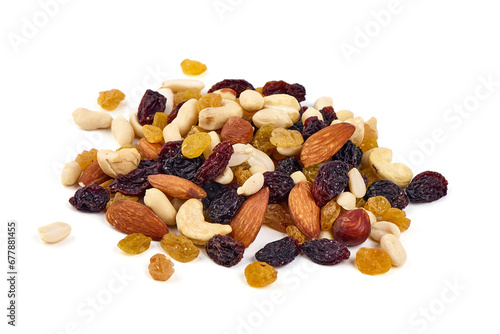 Nut and dried fruit mix, isolated on white background.