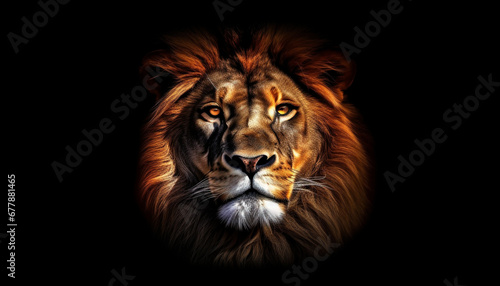 Majestic male lion staring with aggression, strength in black background generated by AI