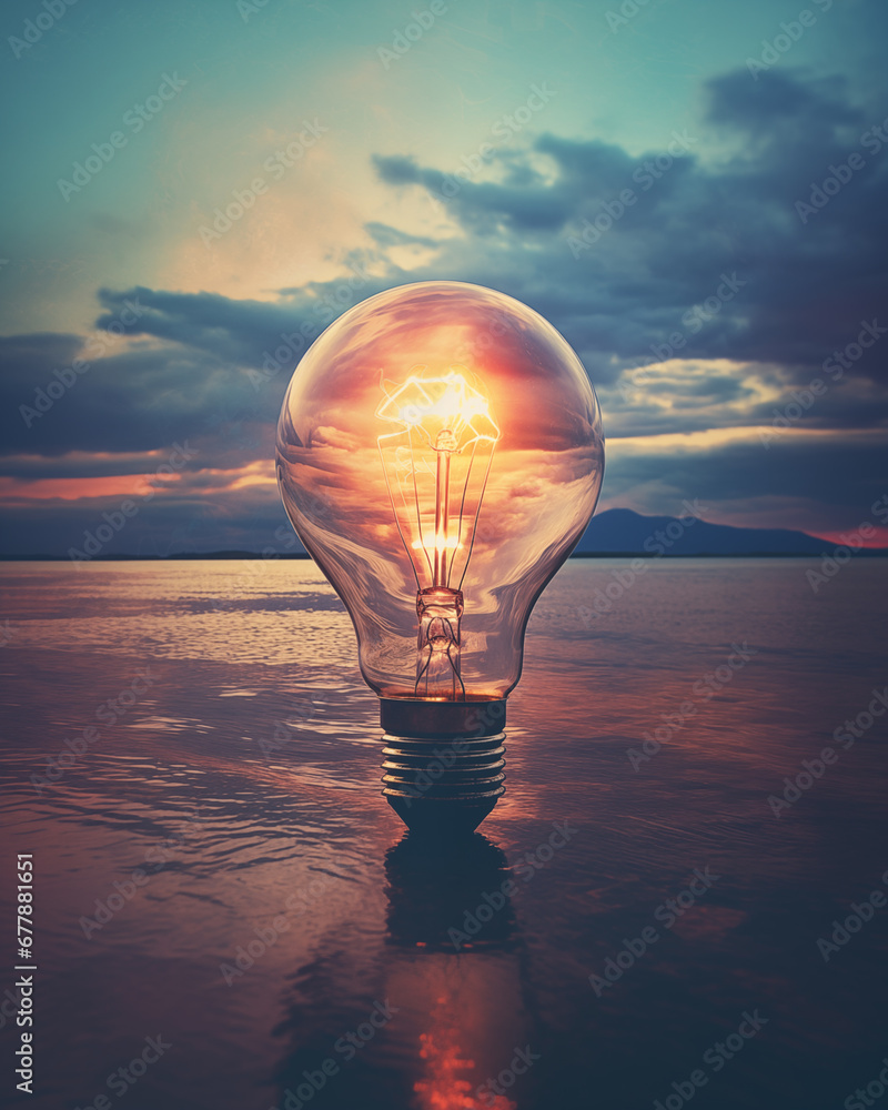 bright light bulb on the beach on sunset bright light bulb on the beach on sunset