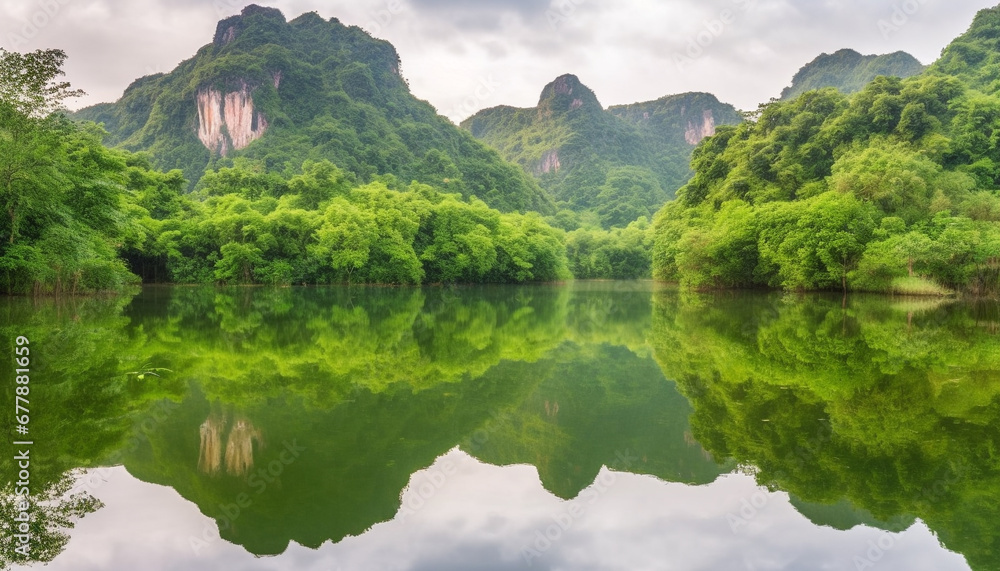 Tranquil meadow reflects natural beauty of mountain range and pond generated by AI Tranquil meadow reflects natural beauty of mountain range and pond generated by AI