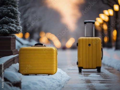 Winter season with stylish yellow suitcase on city landscape and blurred lights.