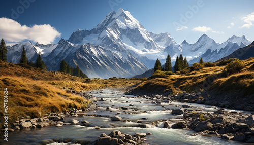 Majestic mountain peak reflects tranquil meadow in summer generated by AI © Jemastock