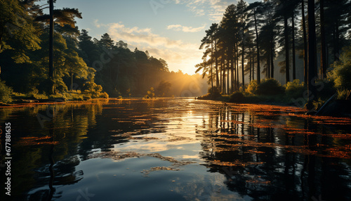 Sunset reflects on tranquil pond, showcasing autumn beauty generated by AI © Jemastock