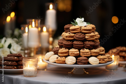 A wedding dessert table featuring an elegant display of cookies. Concept of celebrations and love. Generative Ai.