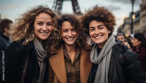 Smiling women, cheerful young adults, happiness outdoors generated by AI