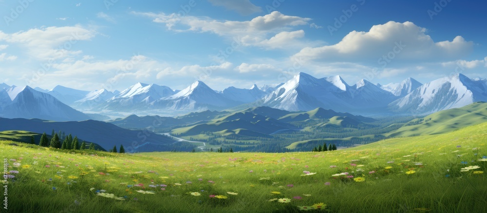 countryside against the backdrop of majestic mountains a vast meadow stretches out covered in lush green grass dotted with vibrant blue wildflowers creating a breathtaking scenery under the