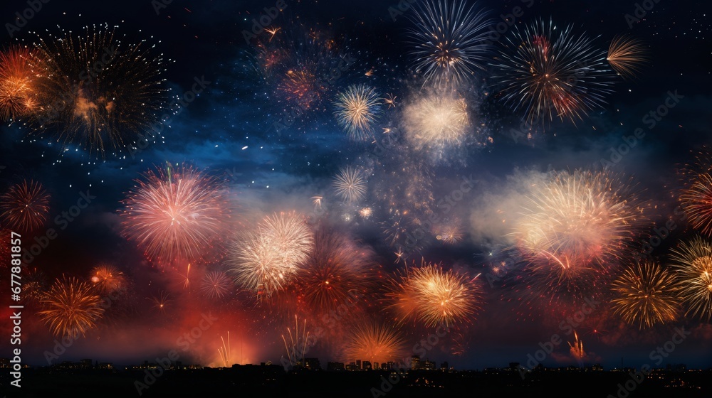 fireworks over night city sky, holiday background, bright colorful lights fireworks over night city sky, holiday background, bright colorful lights