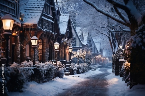 city street in winter, exteriors of houses decorated for Christmas or New Year's holiday, snow, street lights, festive environment © soleg
