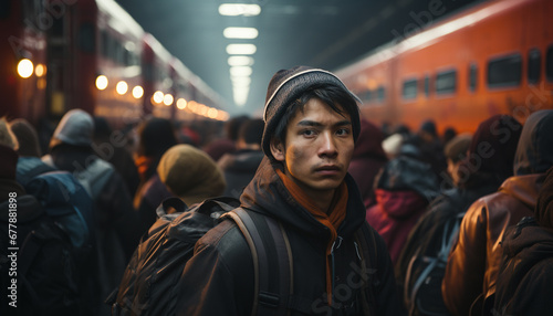Young adults commuting in underground subway station generated by AI