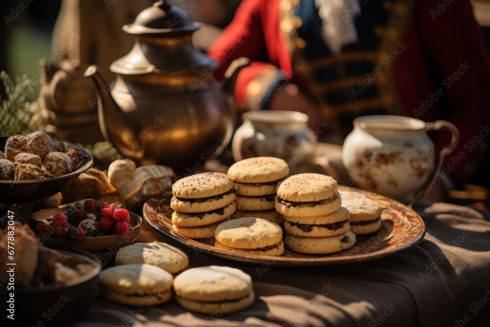 Fototapeta premium A historical reenactment event with period-appropriate cookies. Concept of historical immersion. Generative Ai.