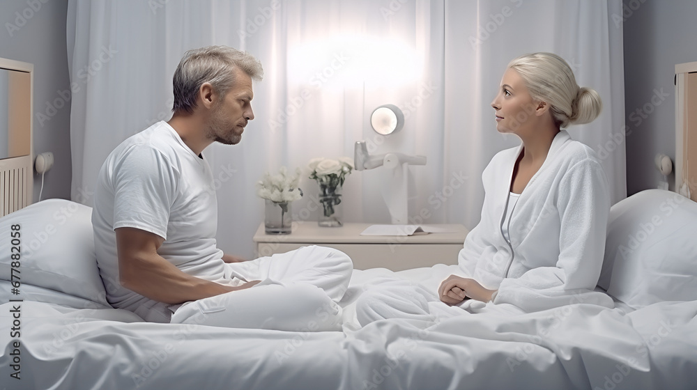 In the bedroom on a white bed, husband and wife in pajamas.