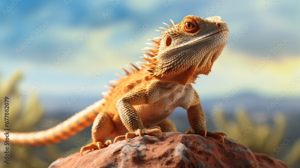 Fototapeta premium Image Of A Bearded Dragon Standing Tall Sunning, Background For Banner, HD