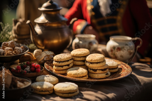 A historical reenactment event with period-appropriate cookies. Concept of historical immersion. Generative Ai.