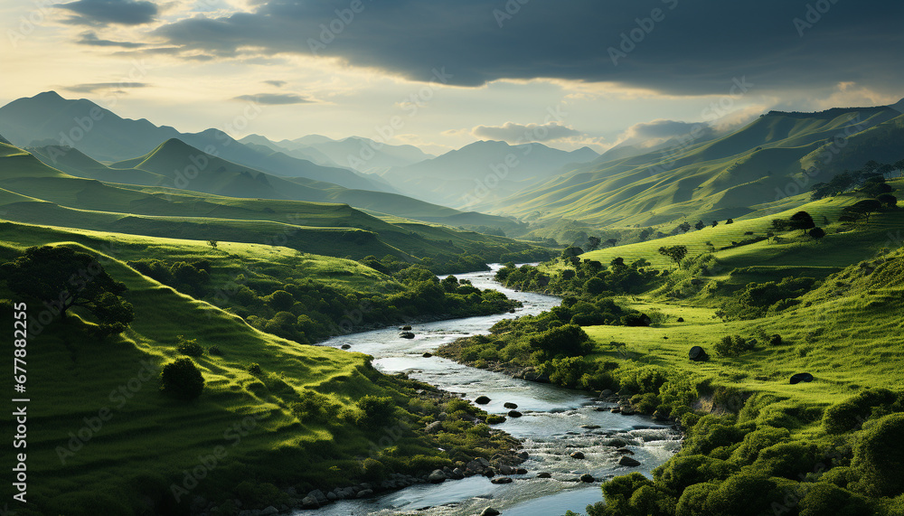 Mountain landscape with green meadows and clear water generated by AI