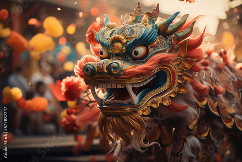 A Chinese dragon winding through a vibrant parade. Concept of cultural celebration and tradition. Generative Ai.