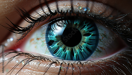 Close up of a human eye, looking at camera, vibrant blue iris generated by AI