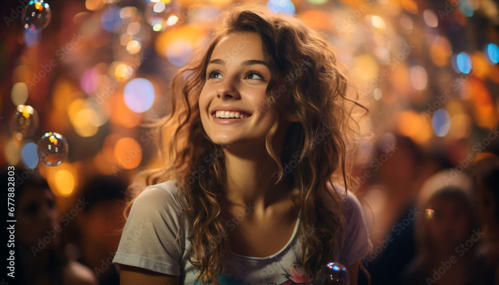 Smiling young woman enjoying the night outdoors generated by AI