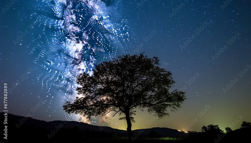 Silhouette tree against blue galaxy, star field illuminated by moonlight generated by AI Silhouette tree against blue galaxy, star field illuminated by moonlight generated by AI