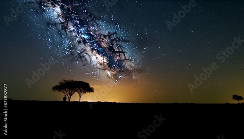 Majestic silhouette of tree against glowing Milky Way star field generated by AI