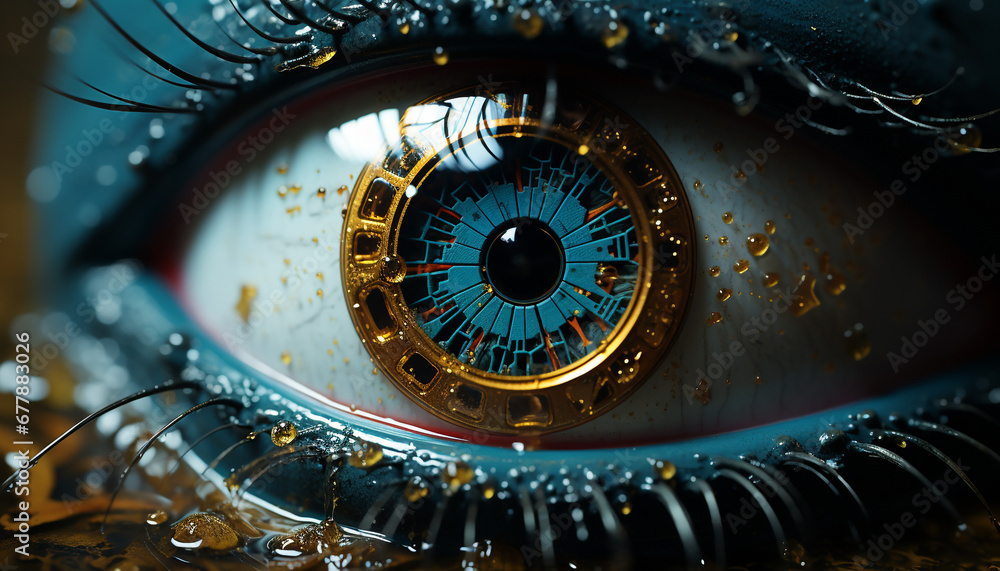 Blue futuristic glass reflection, abstract technology, human eye, shiny circle generated by AI