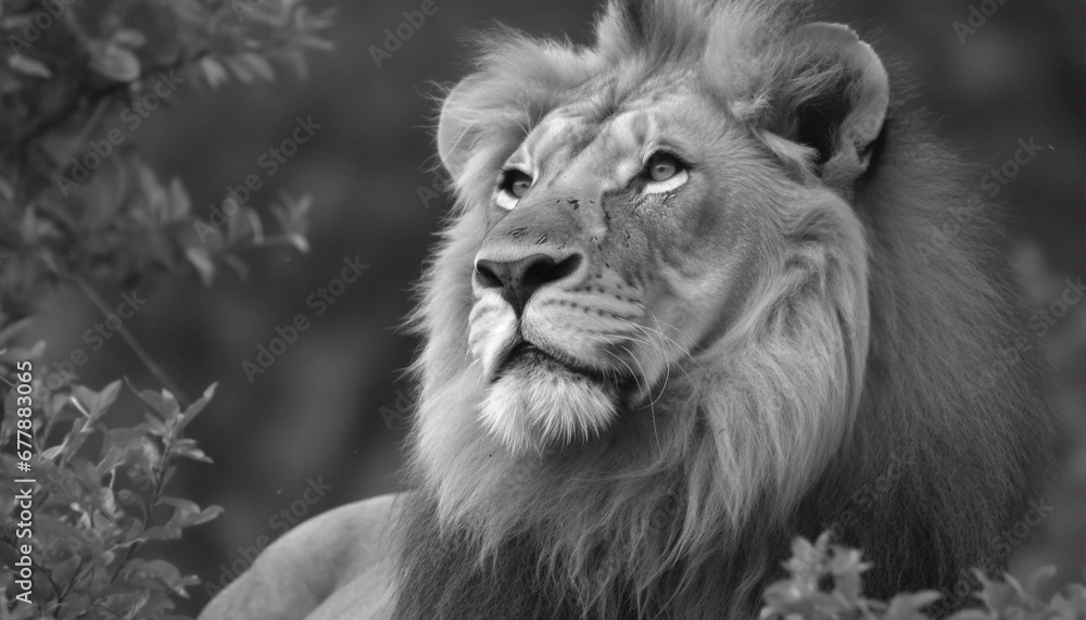 Focus on large feline portrait, dangerous lion in Africa generated by AI