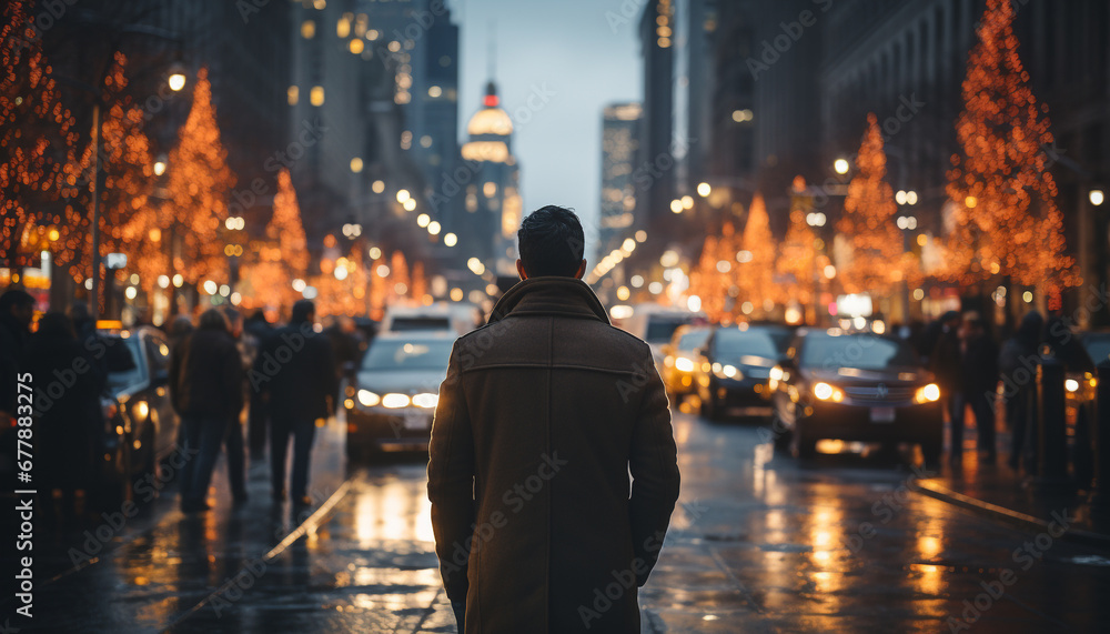 Silhouette of men walking in illuminated city streets generated by AI