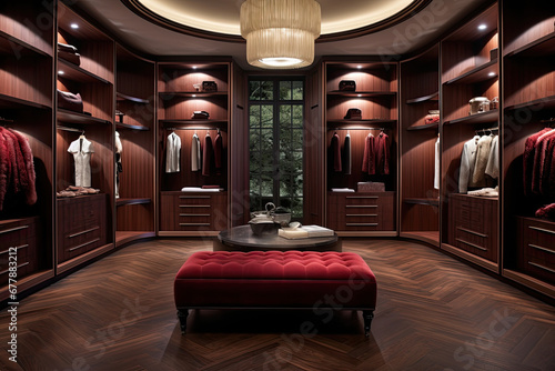 A luxurious closet with deep mahogany wooden shelves. Mahagony pouf in the middle of the room. photo