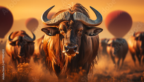 Cattle grazing in African meadow at sunset generated by AI