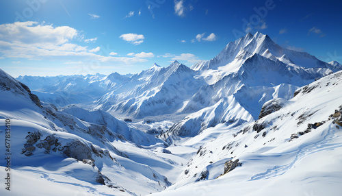 Snow covered mountain peak in tranquil winter landscape generated by AI