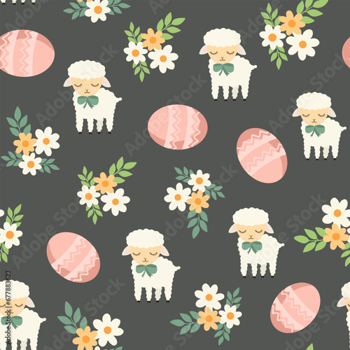 Colorful Easter bunny with eggs and flowers. Easter basket with eggs and sheep. Easter parity and pattern. Easter background for postcard, banner.