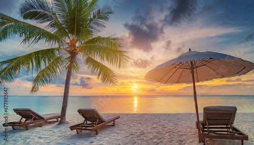beautiful tropical sunset scenery two sun beds loungers umbrella under palm tree white sand sea view with horizon colorful twilight sky calmness and relaxation inspirational beach resort hotel