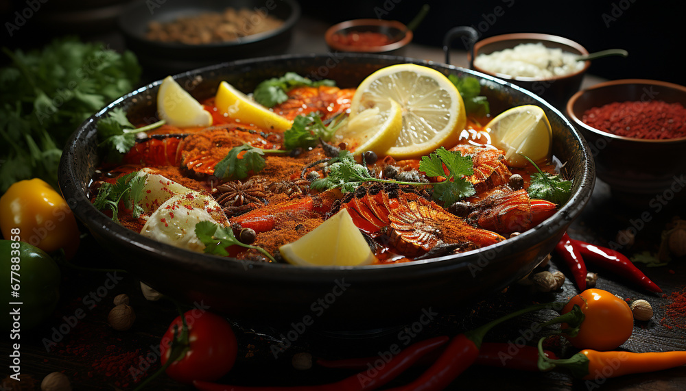 Fresh seafood and vegetables cooked with aromatic spices generated by AI