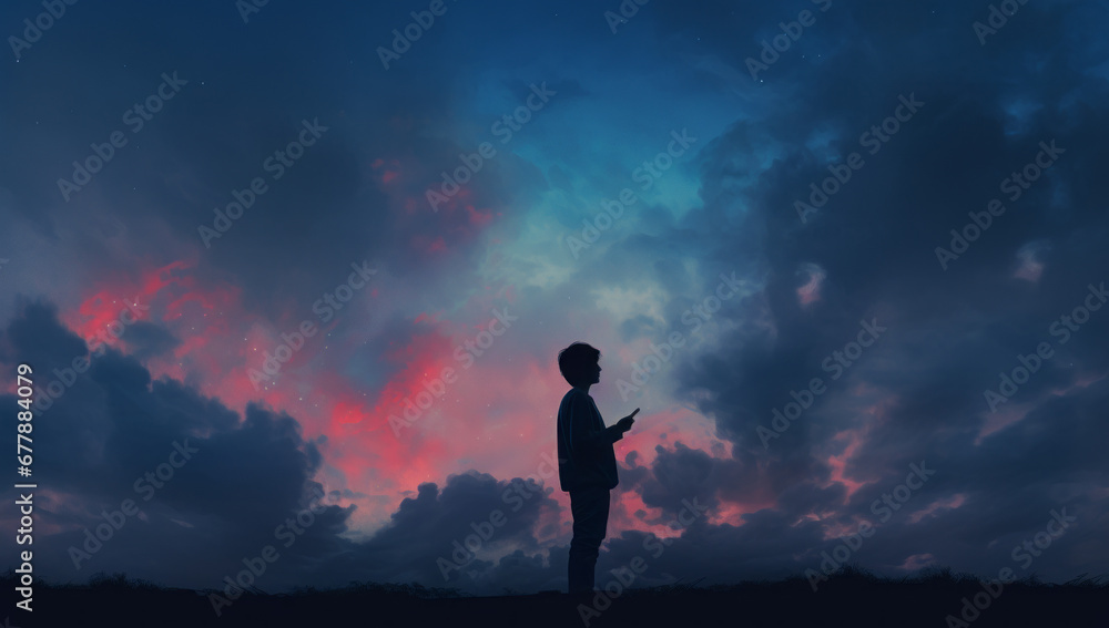 Young boy outdoors on a stormy night on her smartphone