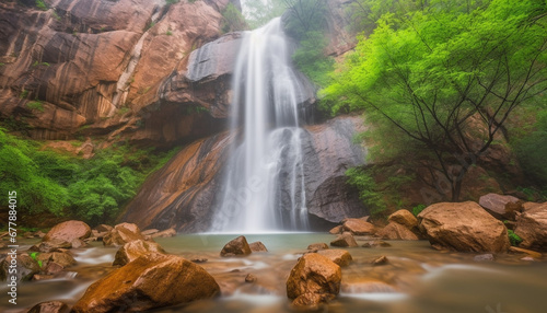 Smooth flowing water drops in idyllic tropical rainforest pond generated by AI