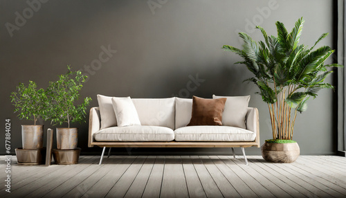 front view of sofa and plant in 3d rendering © Art_me2541