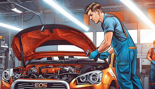 Auto mechanic repairs a car in a service center, car repair, car maintenance,