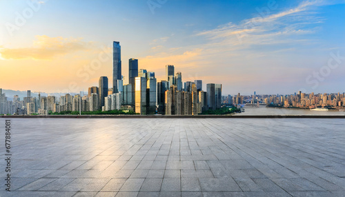 empty floor and city skyline with modern buildings at sunrise in chongqing china © Art_me2541